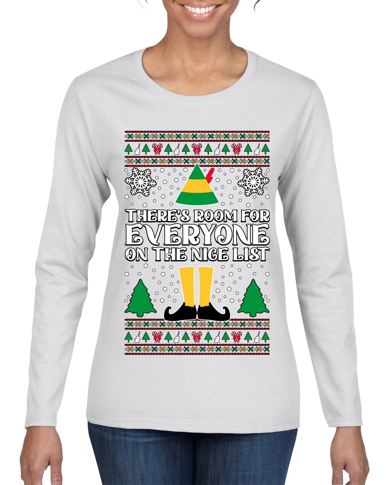 Room For Everyone On The Nice List Christmas Movie Quote  Ugly Christmas Sweater Womens Graphic Long Sleeve T-Shirt
