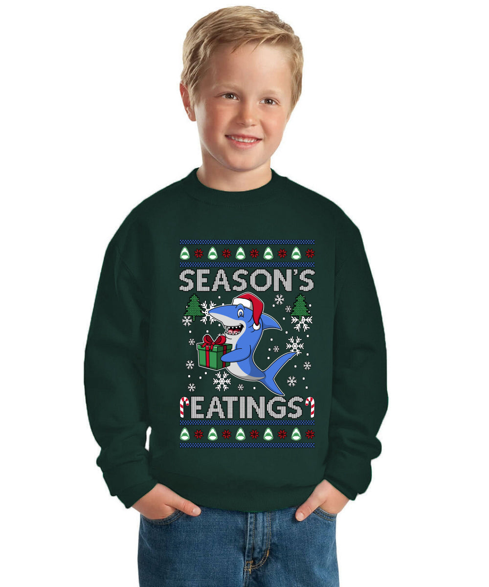 Season's Eatings Shark Ugly Christmas Sweater For Kids | Unisex Boys Girls Crewneck Graphic Sweatshirt