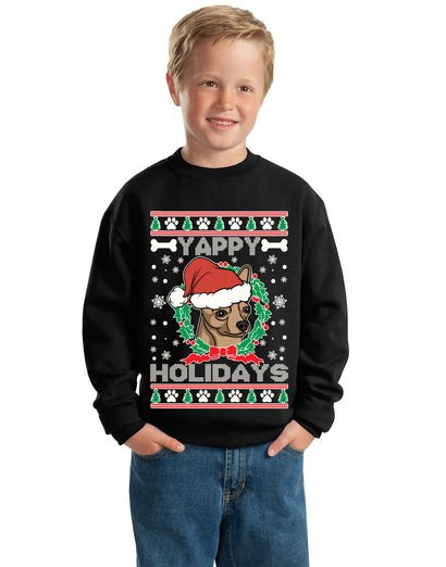 Yappy Holidays Ugly Christmas Sweater Unisex Boys Girls Crewneck Graphic Sweatshirt