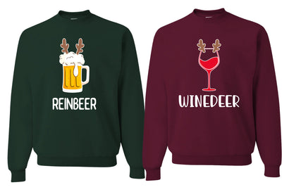 Winedeer Reinbeer, Funny Wine Beer Drinking Couples Sweatshirt Ugly Christmas Matching Couple Crewneck Sweater Crewneck Sweatshirt