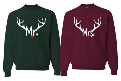 Mr Mrs Reindeer Red Nose, Funny Classic Xmas Couples Sweatshirt Ugly Christmas Matching Couple Crewneck Sweater Crewneck Sweatshirt