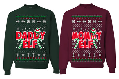 Daddy Elf, Mommy Elf Holiday Winter | Couples Cute Funny Girlfriend Boyfriend Gift His and Hers Matching Ugly Christmas Couples Sweater Crewneck Sweatshirt