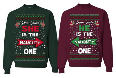 She is Naughty One, He is the Naughty One Funny Couples Sweatshirt Ugly Christmas Matching Couple Sweater Crewneck Sweatshirt