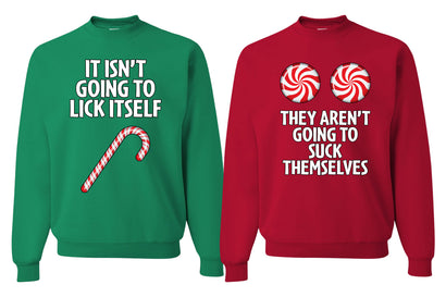 Candy Cane They Won't Suck Themselves Funny Couples Sweatshirt Ugly Christmas Matching Couple Crewneck Sweater Crewneck Sweatshirt