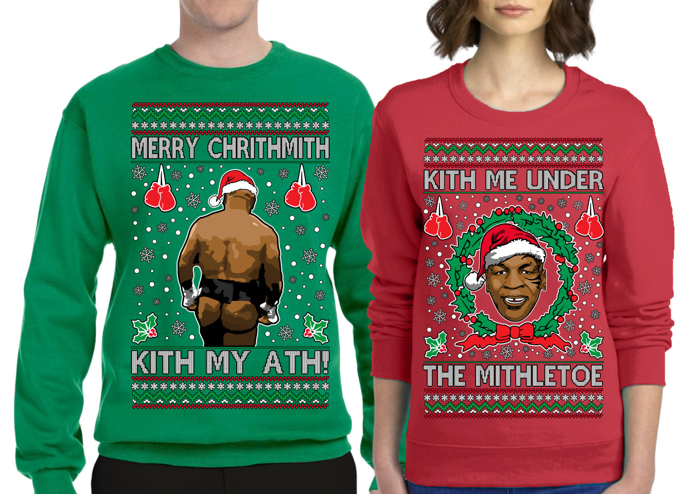 Kith Me Under the Mithletoe Funny Mike Tyson Fight Meme Classic Funny Couples Xmas Ugly Christmas Couples Sweater Crewneck Sweatshirt