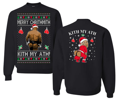 Merry Chrithmith Kith My Ath, Butt Viral Kiss My Ass Boxing Fight Meme, Funny Front and Back Unisex Ugly Christmas Sweater Crewneck Sweatshirt