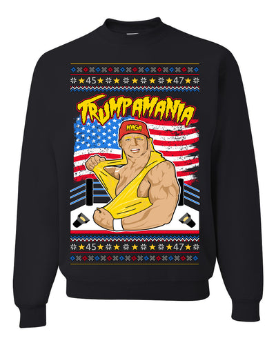 Trumpamania Funny Hogan 80s USA Wrestling Sports Parody Ugly Christmas Sweater Crewneck Sweatshirt
