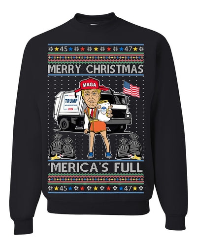 Donald Trump Merry Christmas Merica's Full Garbage Truck Ugly Christmas Sweater Crewneck Sweatshirt