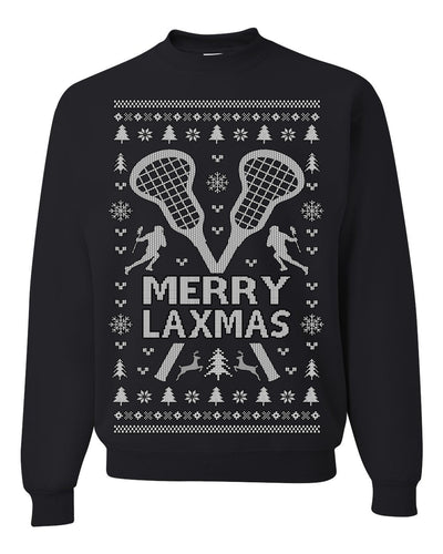 Merry Laxmas Funny Lacrosse Sports LAX Teen Sports Pun Ugly Christmas Sweater Crewneck Sweatshirt