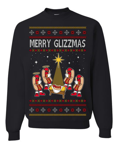 Merry Glizzmas, Funny Glizzy Hot Dog Baby Jesus Catholic Nativity, Fast Food Mustard Condiment Glizzys Humor Ugly Christmas Sweater Crewneck Sweatshirt