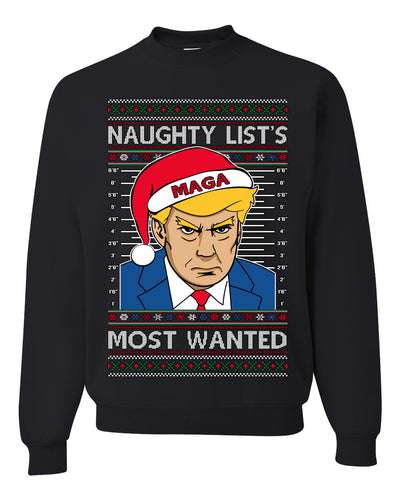 Naughty List's Most Wanted Trump Mugshot Ugly Christmas Sweater Unisex Crewneck Sweatshirt