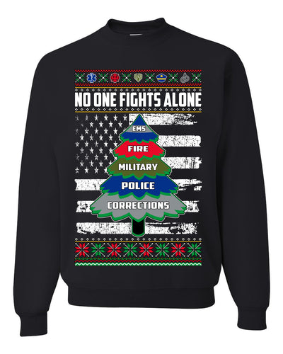 No One Fights Alone Holiday First Responder Police Fire Emt Ugly Christmas Sweater Unisex Crewneck Sweatshirt