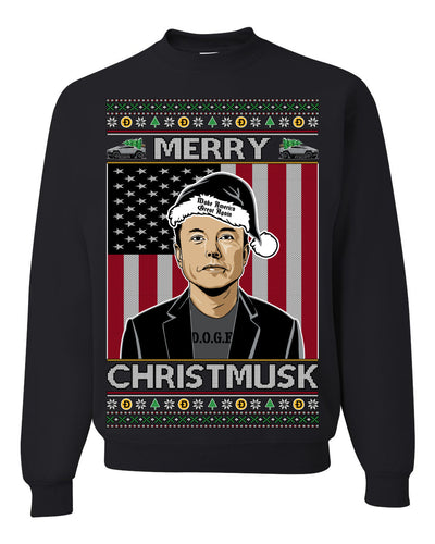 Merry Christmusk Funny Dark MAGA Santa Elon Doge Meme Ugly Christmas Sweater Crewneck Sweatshirts
