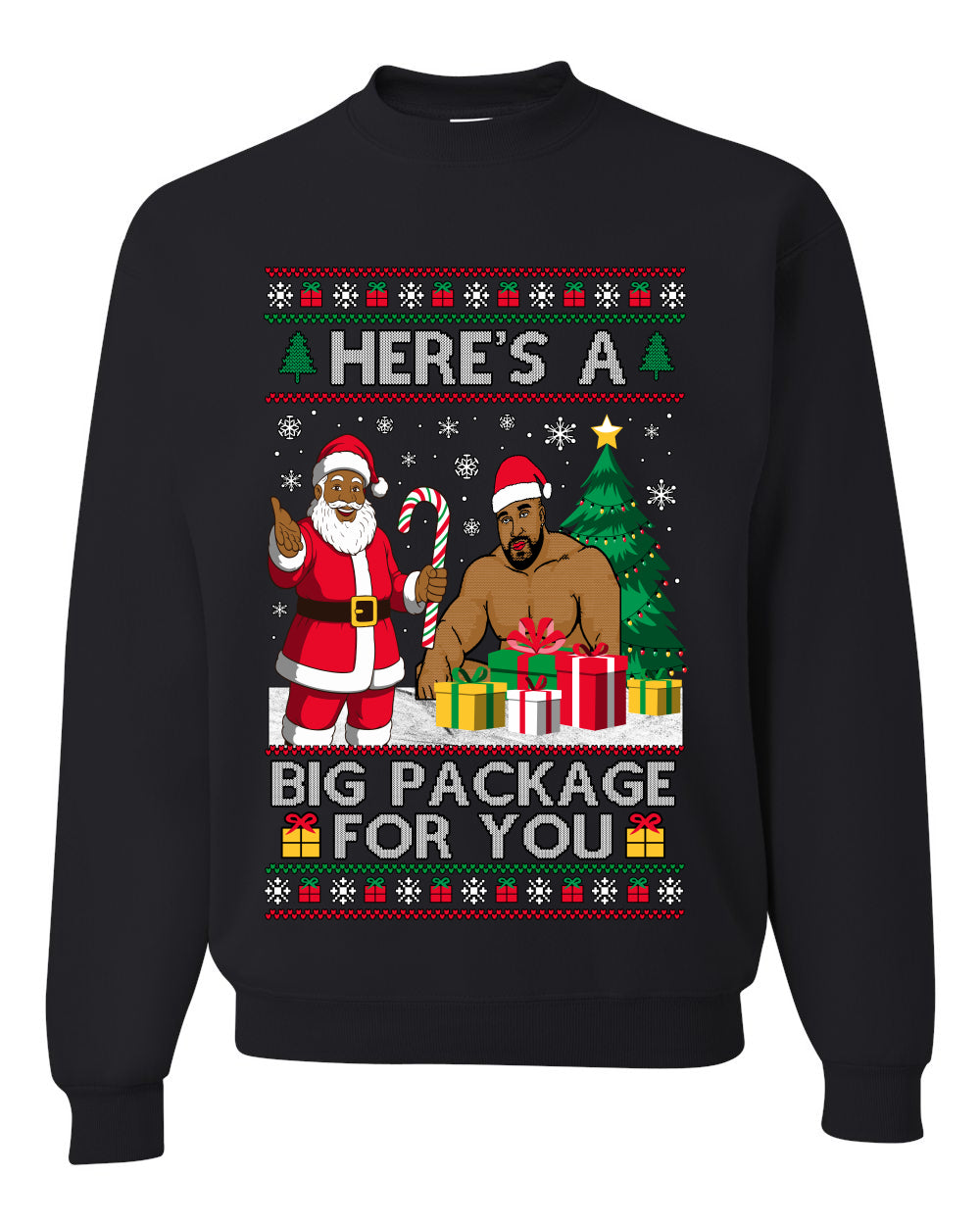 Here's A Big Package For You Black Santa Christmas Sweater, Unisex Ugly Christmas Crewneck Sweatshirts
