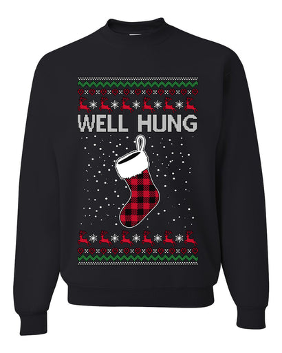 Well Hung, Unisex Ugly Christmas Sweater Crewneck Sweatshirts