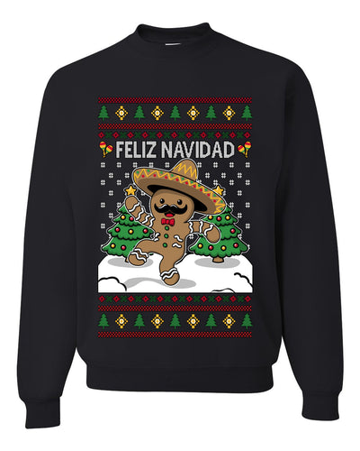 Feliz Navidad Dancing Gingerbread Man, Unisex Ugly Christmas Sweater, Crewneck Sweatshirts
