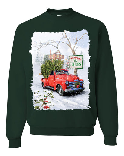 Winter Merry Christmas Trees Festive Red Truck Merry Christmas Unisex Crewneck Graphic Sweatshirt