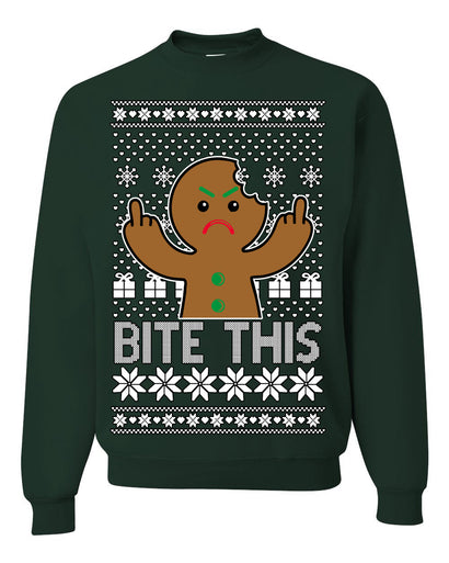 Bite This Funny Gingerbread Cookie Middle Finger Ugly Christmas Sweater Crewneck Sweatshirt