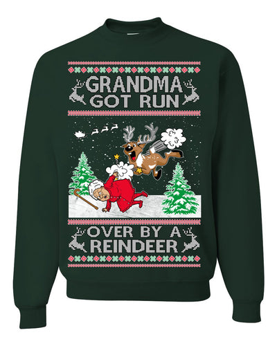 Grandma Got Run Over by a Reindeer, Funny Animated Design Rein Deer Kids TV Song Movie Ugly Christmas Sweater Crewneck Sweatshirt
