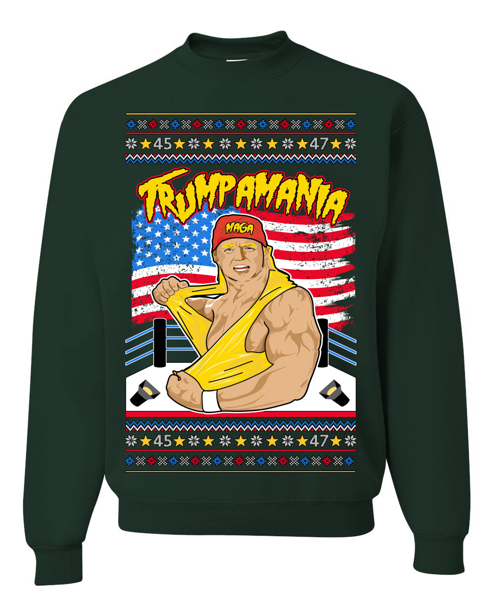 Trumpamania Funny Hogan 80s USA Wrestling Sports Parody Ugly Christmas Sweater Crewneck Sweatshirt