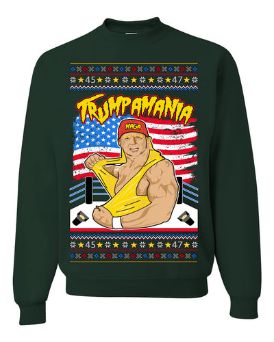 Trumpamania Funny Hogan 80s USA Wrestling Sports Parody Ugly Christmas Sweater Crewneck Sweatshirt