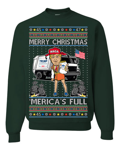 Donald Trump Merry Christmas Merica's Full Garbage Truck Ugly Christmas Sweater Crewneck Sweatshirt