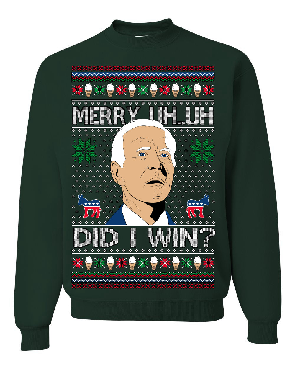 Merry Uh Did I Win? Funny Confused Joe Biden Election 2024 Ugly Christmas Sweater Crewneck Sweatshirt