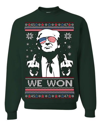 We Won Funny 45 47 President Trump Shot USA Glasses Ugly Christmas Sweater Crewneck Sweatshirt