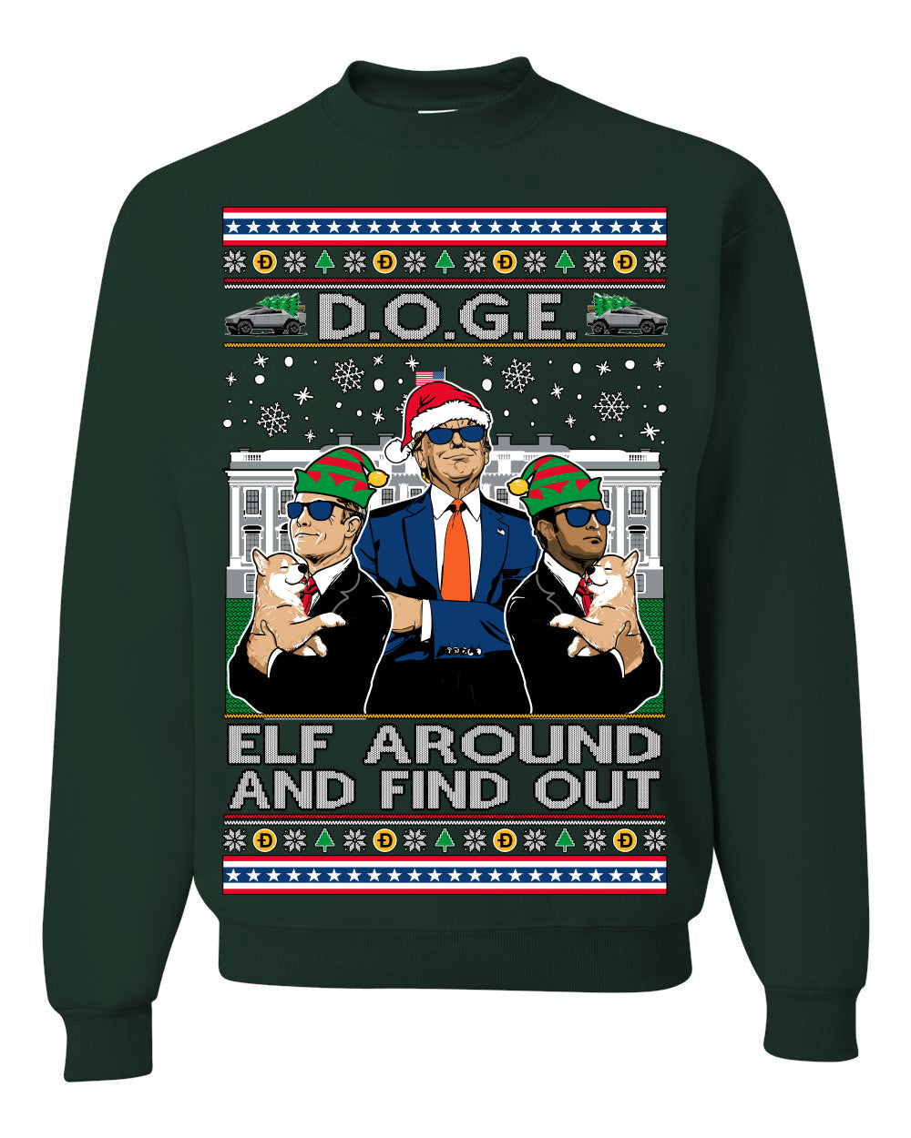 Doge Elf Around and Find Out Trump Elon Vivek MAGA Ugly Christmas Sweater Crewneck Sweatshirt