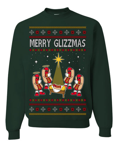 Merry Glizzmas, Funny Glizzy Hot Dog Baby Jesus Catholic Nativity, Fast Food Mustard Condiment Glizzys Humor Ugly Christmas Sweater Crewneck Sweatshirt