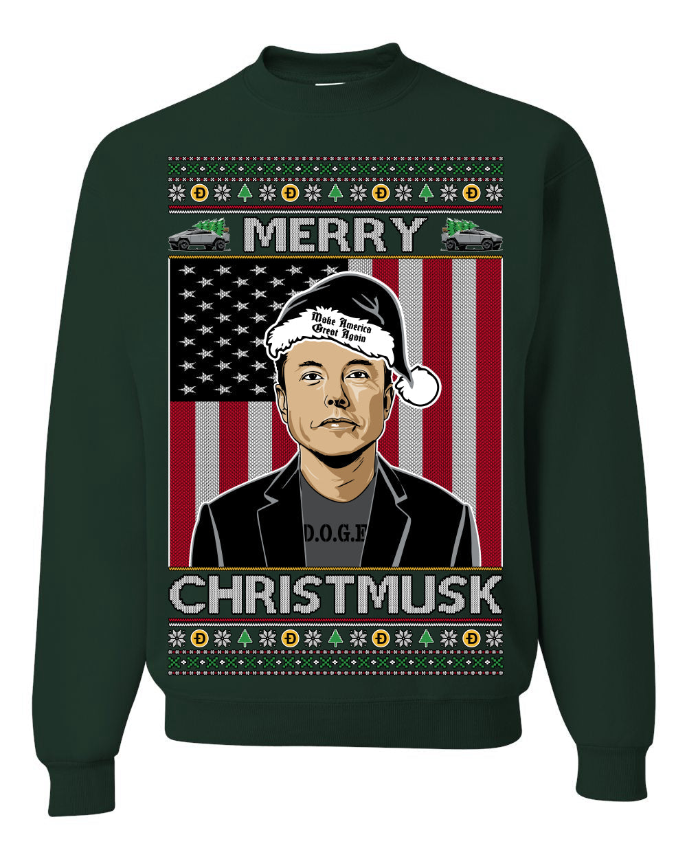 Merry Christmusk Funny Dark MAGA Santa Elon Doge Meme Ugly Christmas Sweater Crewneck Sweatshirts