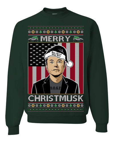 Merry Christmusk Funny Dark MAGA Santa Elon Doge Meme Ugly Christmas Sweater Crewneck Sweatshirts