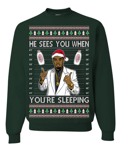 He Sees You When You're Sleeping, Funny Santa P Diddy Diddler Funny Party Viral Music Baby Oil Meme Ugly Christmas Sweater Crewneck Sweatshirt