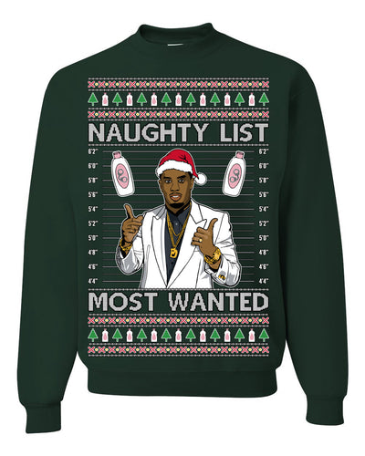 Naughty List Most Wanted, Funny Santa P Diddy Diddler Funny Party Viral Music Baby Oil Meme Ugly Christmas Sweater Crewneck Sweatshirt