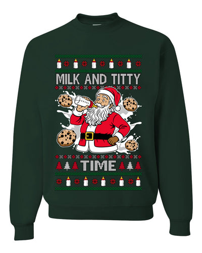 Milk And Titty Time, Unisex Ugly Christmas Sweater Crewneck Sweatshirts