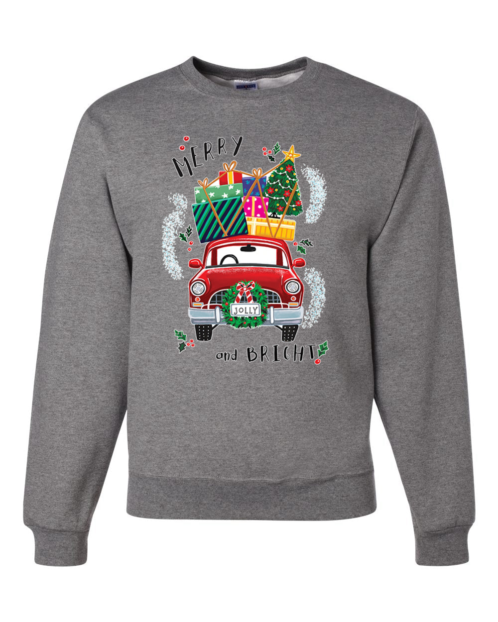 Merry and Bright Red Car Merry Christmas Unisex Crewneck Graphic Sweatshirt