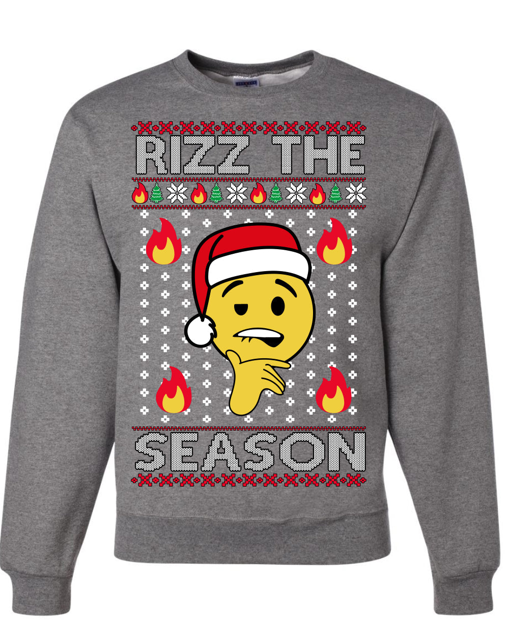 Rizz the Season Viral Internet Fire Emoji Face Meme Ugly Christmas Sweater Crewneck Sweatshirt