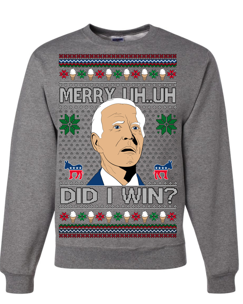 Merry Uh Did I Win? Funny Confused Joe Biden Election 2024 Ugly Christmas Sweater Crewneck Sweatshirt