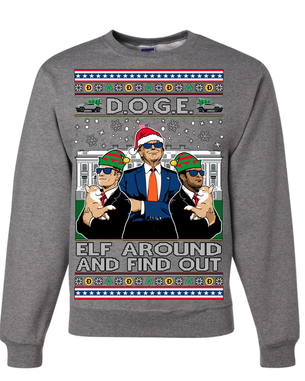Doge Elf Around and Find Out Trump Elon Vivek MAGA Ugly Christmas Sweater Crewneck Sweatshirt
