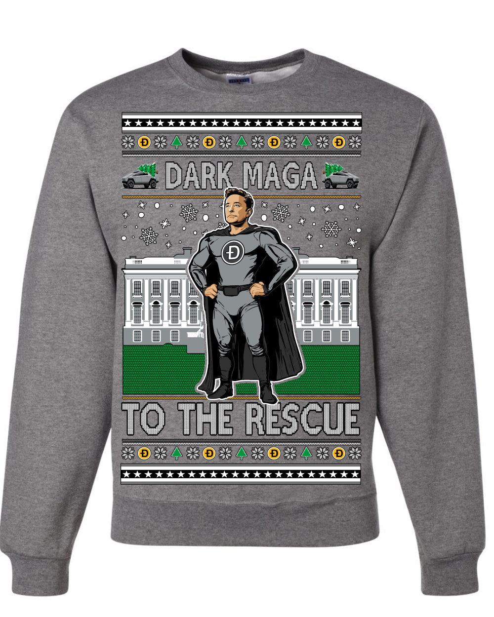 Dark MAGA to the Rescue Elon Superhero Doge Crypto Ugly Christmas Sweater Crewneck Sweatshirt