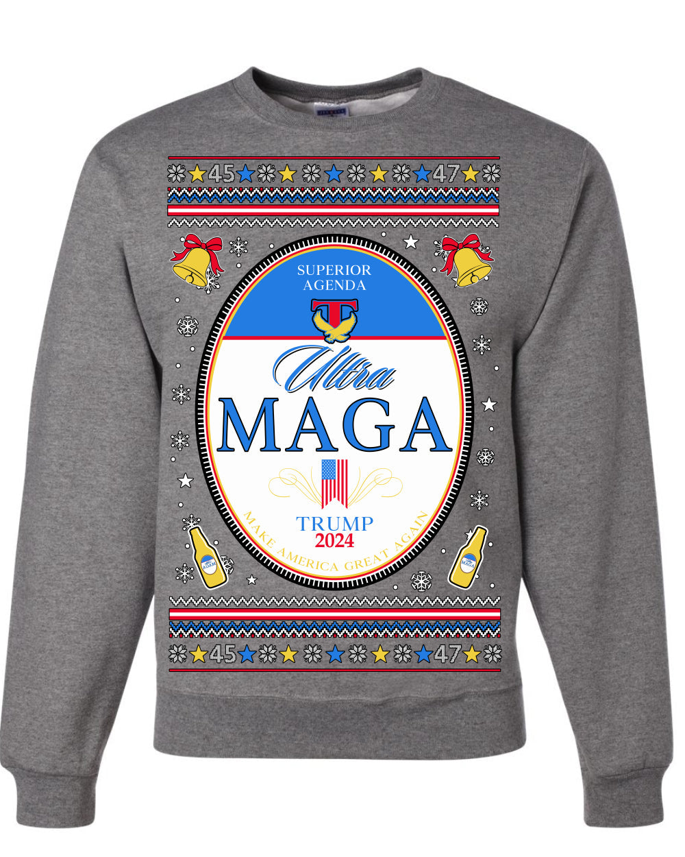 Ultra MAGA Superior Agenda Trump 2024 Funny Beer Logo Ugly Christmas Sweater Crewneck Sweatshirt