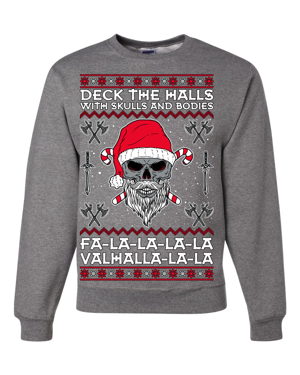 Valhalla Deck The Halls With Skulls & Bodies Ugly Christmas Sweater Unisex Crewneck Sweatshirt