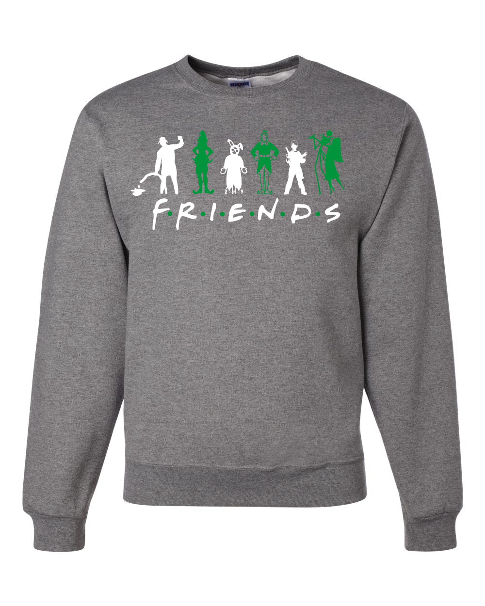 Iconic Holiday Movie Characters Friends Parody Green White Ugly Christmas Sweater Unisex Crewneck Sweatshirt