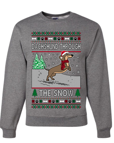 Dachshund Through The Snow, Cute Dog Christmas Sweater, Ugly Christmas Unisex Sweater, Crewneck Sweatshirts