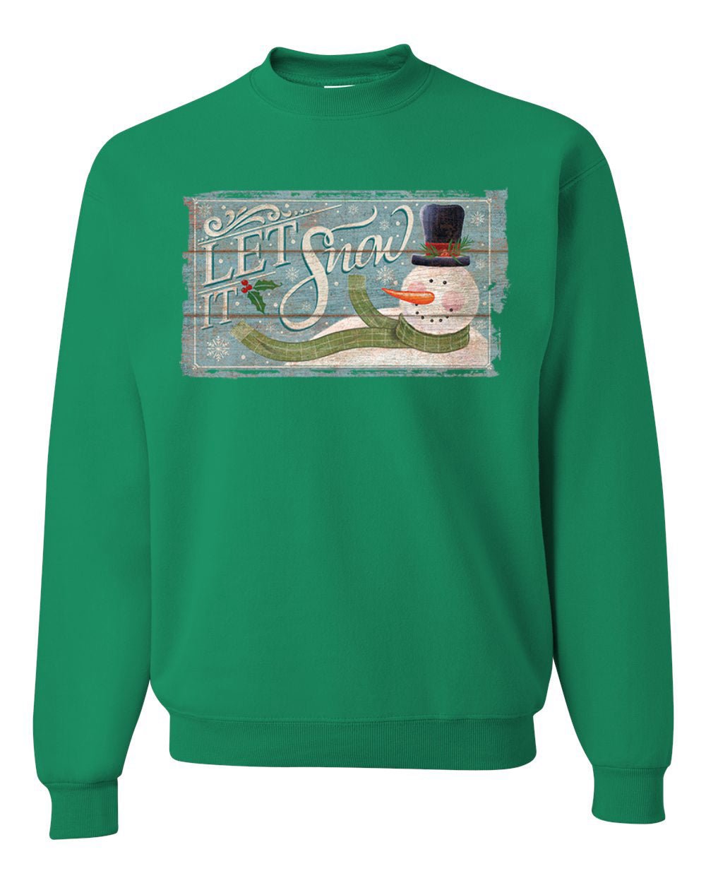 Let it Snow Green Scarf Snowman Merry Christmas Unisex Crewneck Graphic Sweatshirt