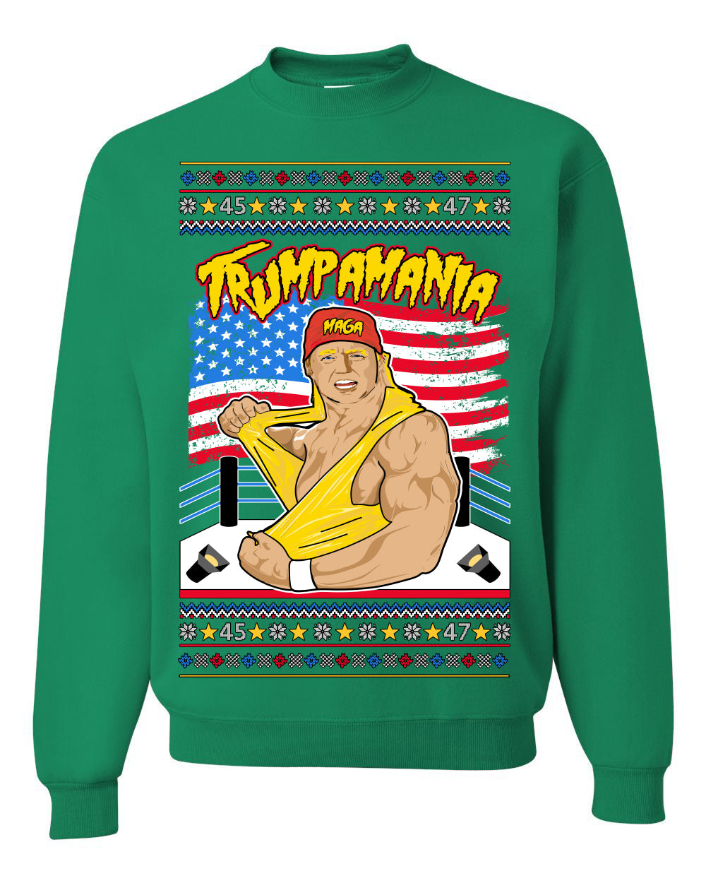 Trumpamania Funny Hogan 80s USA Wrestling Sports Parody Ugly Christmas Sweater Crewneck Sweatshirt