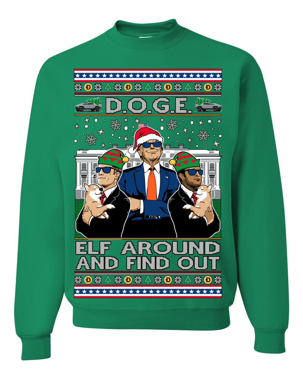 Doge Elf Around and Find Out Trump Elon Vivek MAGA Ugly Christmas Sweater Crewneck Sweatshirt