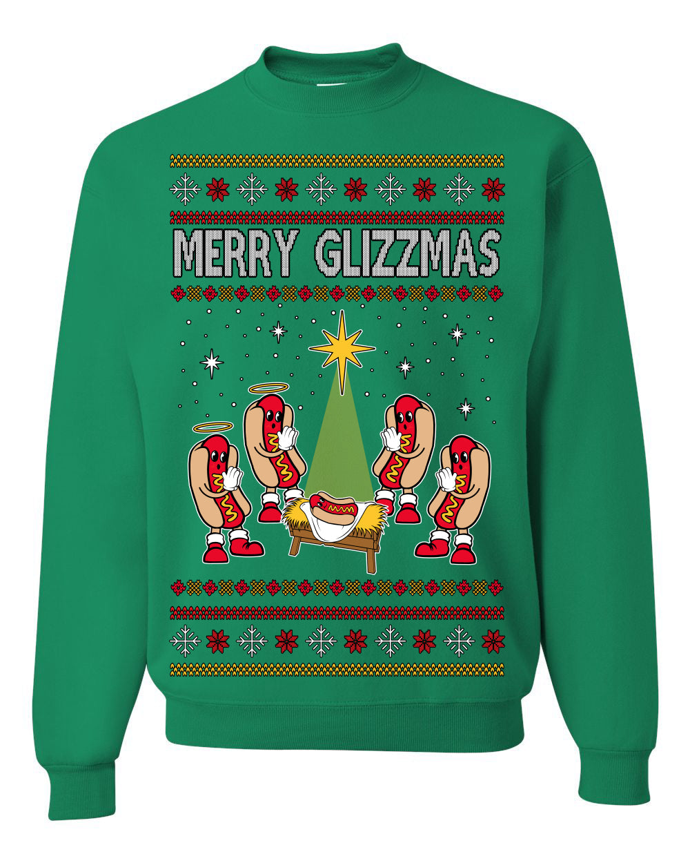 Merry Glizzmas, Funny Glizzy Hot Dog Baby Jesus Catholic Nativity, Fast Food Mustard Condiment Glizzys Humor Ugly Christmas Sweater Crewneck Sweatshirt