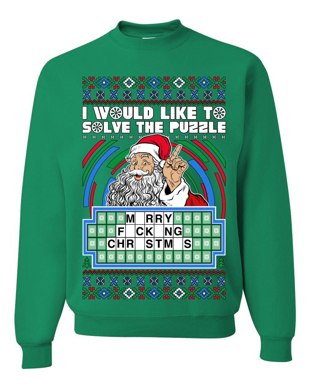 Santa Game Show I'd Like To Solve the Puzzle Wheel Ugly Christmas Sweater Unisex Crewneck Sweatshirt