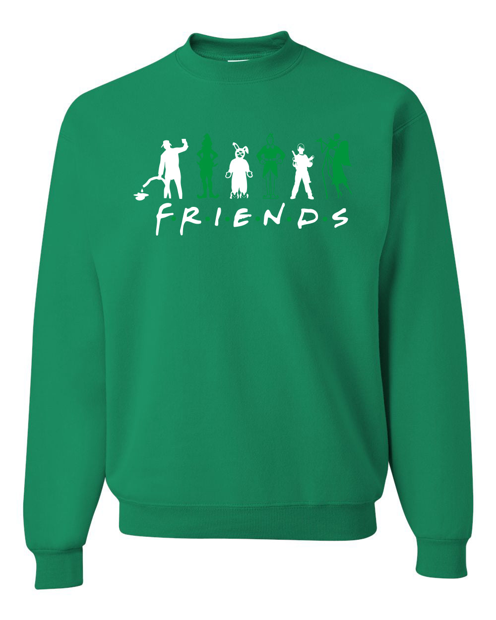 Iconic Holiday Movie Characters Friends Parody Green White Ugly Christmas Sweater Unisex Crewneck Sweatshirt